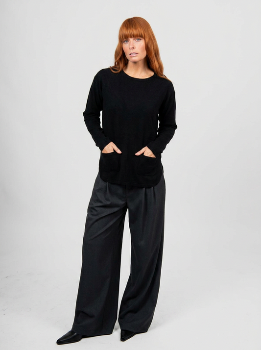 Relaxed Curved Hem Pullover with Pockets | Black