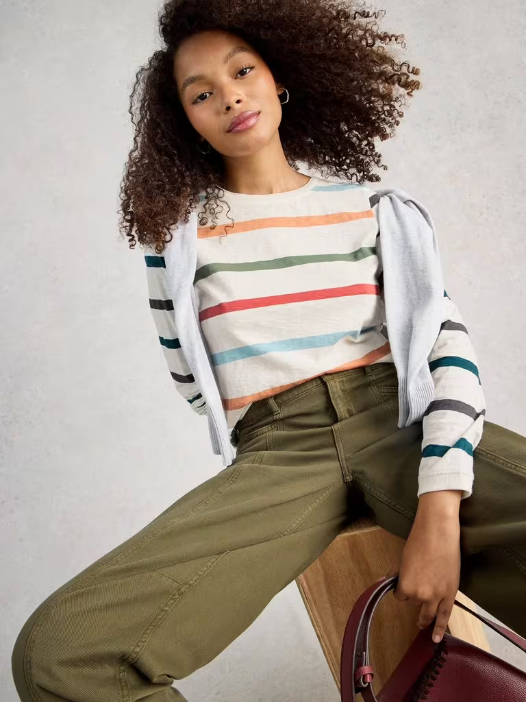 Clara Long Sleeve Stripe Tee | Ivory Multi