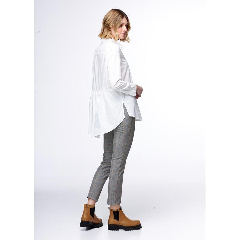 100% cotton white long sleeved shirt. High-low hemline, side splits, and gathered detail at the back waist.